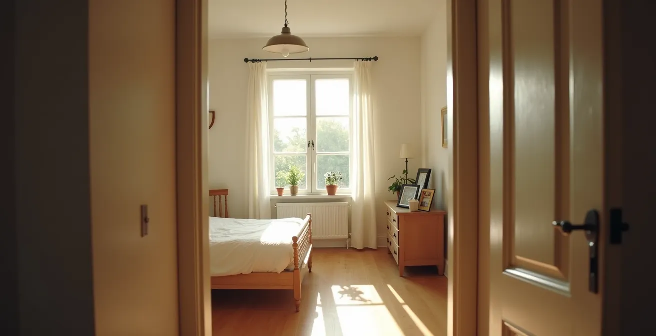 Chambre lumineuse à l'étage avec vue sur jardin, espace personnel retrouvé