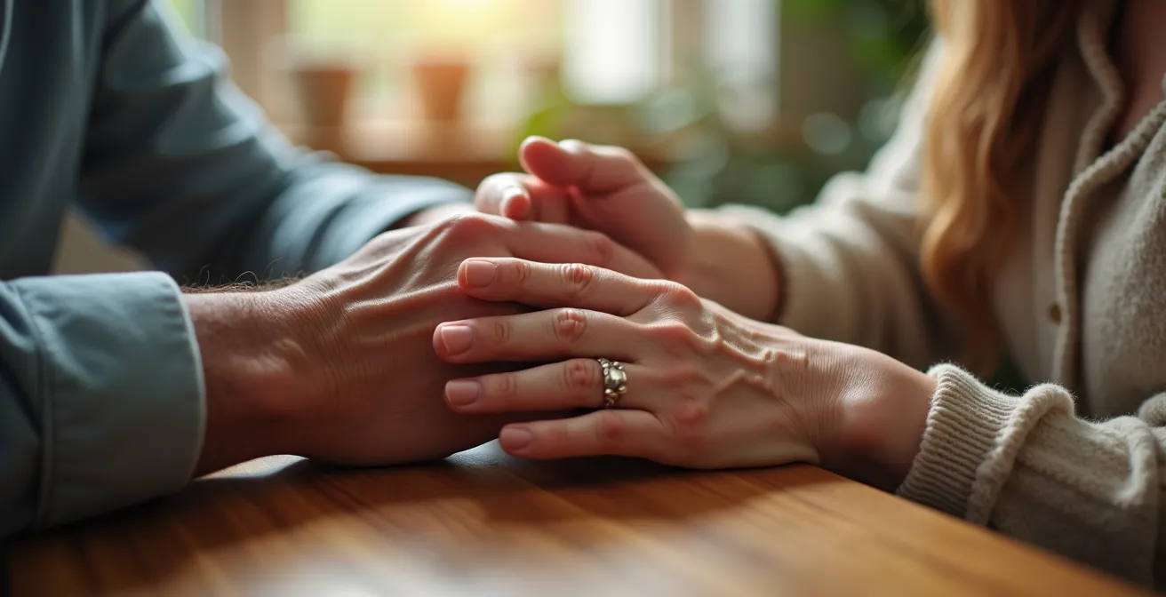 Mains de deux générations se touchant doucement, symbole de soutien et connexion