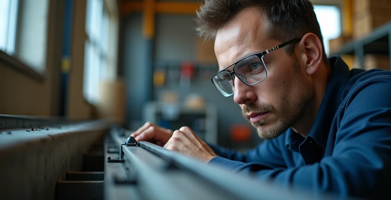 Technicien certifié vérifiant les fixations d'un monte-escalier